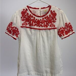 Boden White Linen Top with Red Embroidery